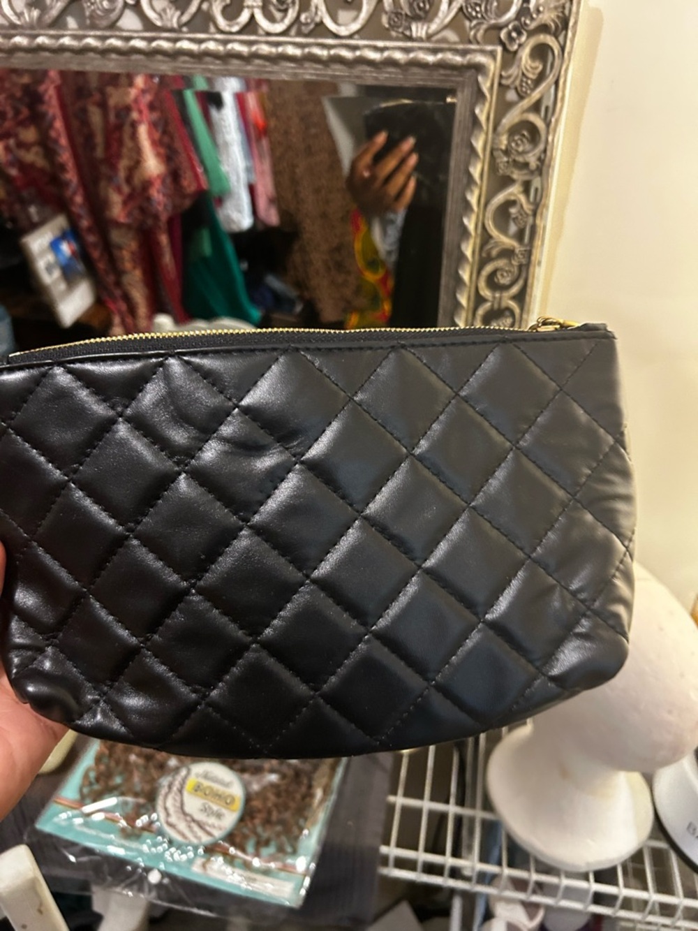 Black Quilted Wristlet Clutch with Gold Zip